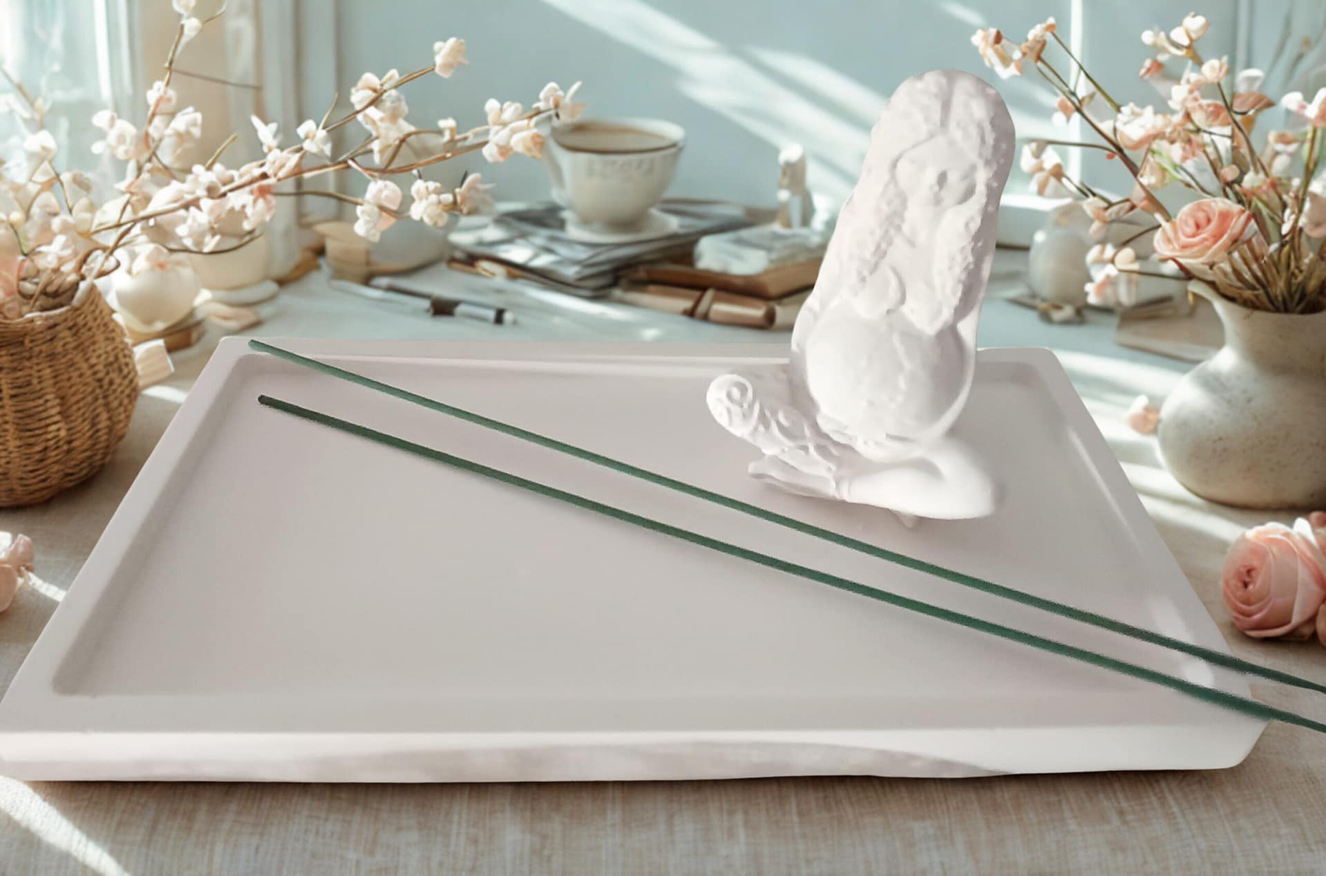 Weißes Gips-Tablett mit Muttererde-Figur
