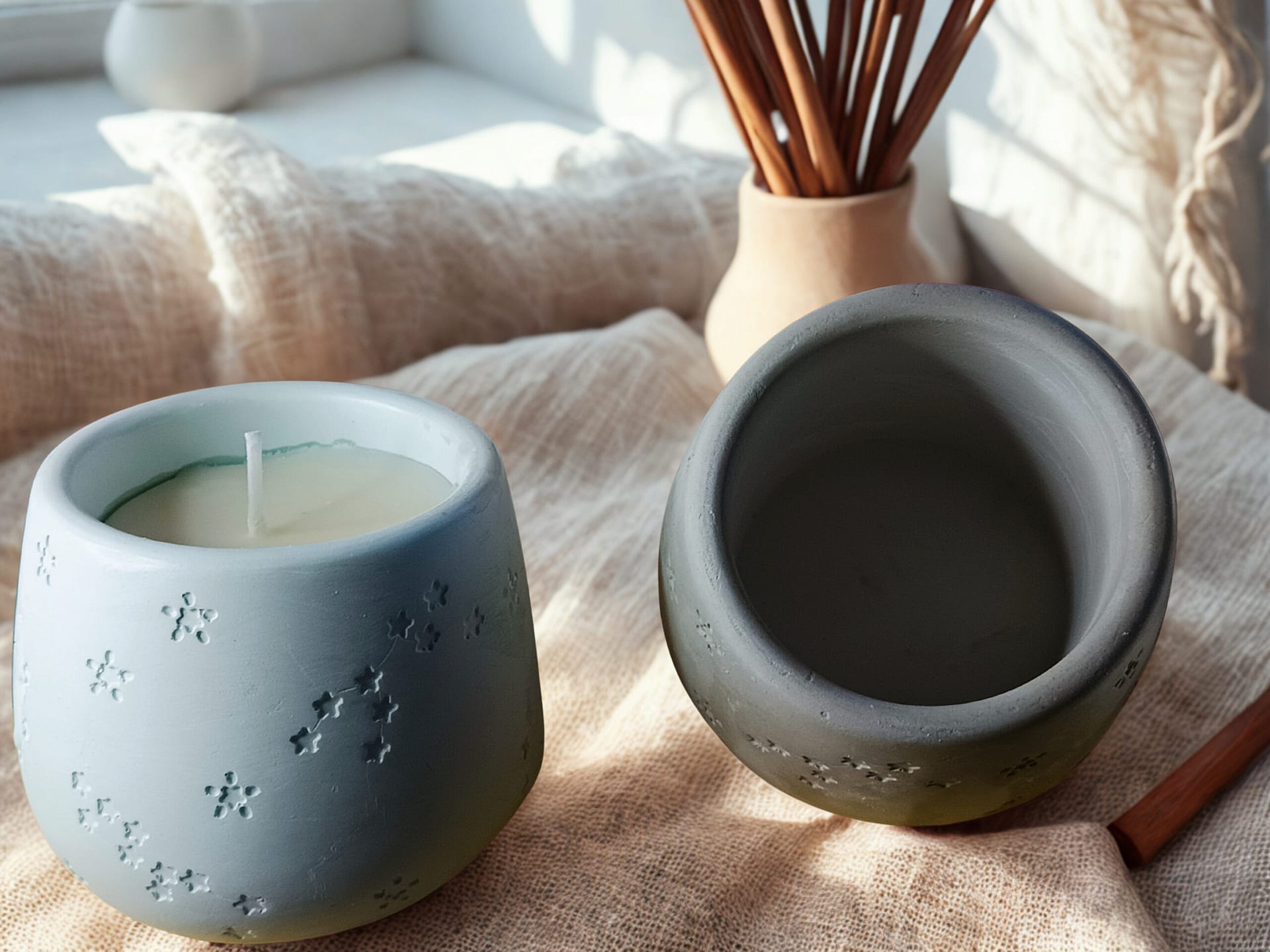 Sternen‑Gefäß aus Gips mit handgegossener Sojawachs‑Duftkerze in Farb & Duftwahl